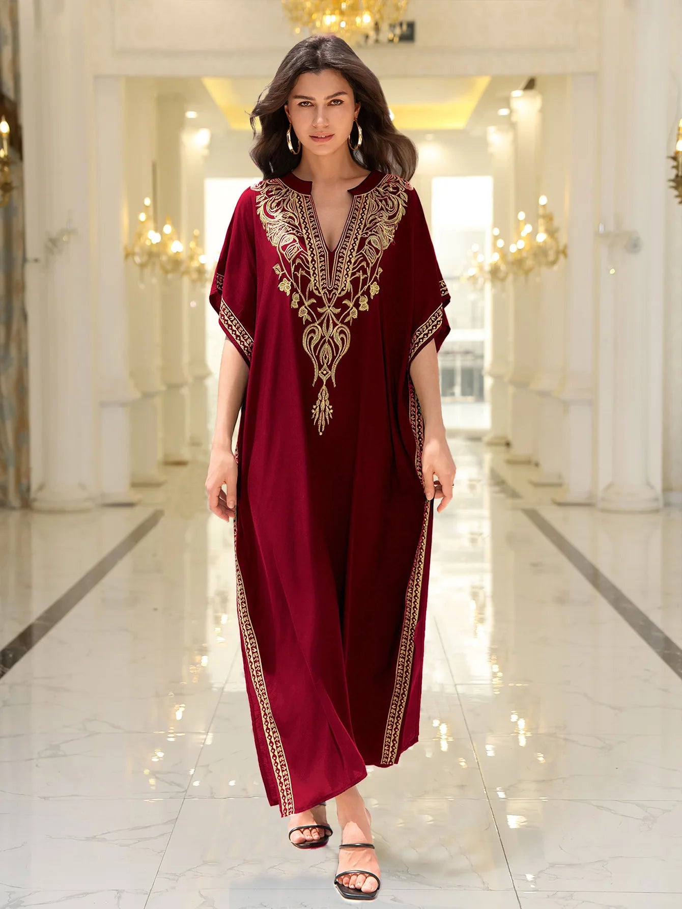 Boho Embroidered Batwing Sleeve Beach Cover-Up Dress – Loose A-Line V-Neck Summer Dress