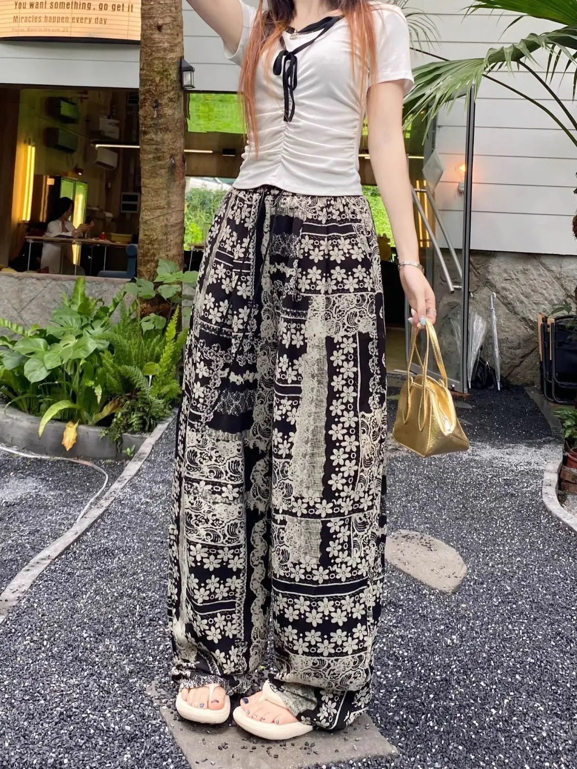 Retro Print Design Palazzo Pants Women's Summer Lightweight Loose Slimming Drapey Plus Size Casual Straight Leg Sports Pants