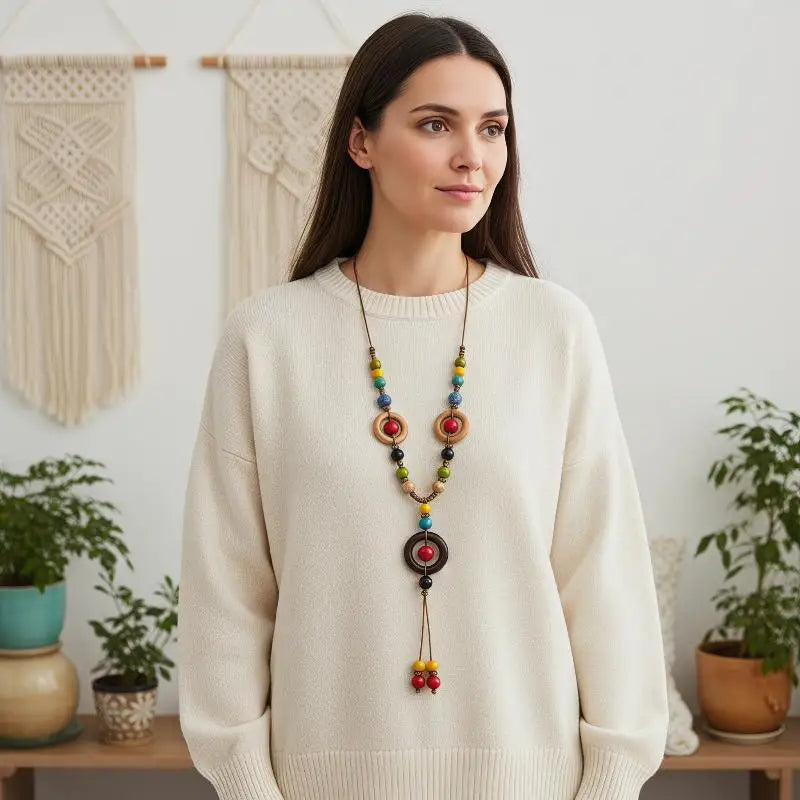 Boho Wooden Beaded Long Pendant Sweater Chain Necklace – Handmade Ethnic Style