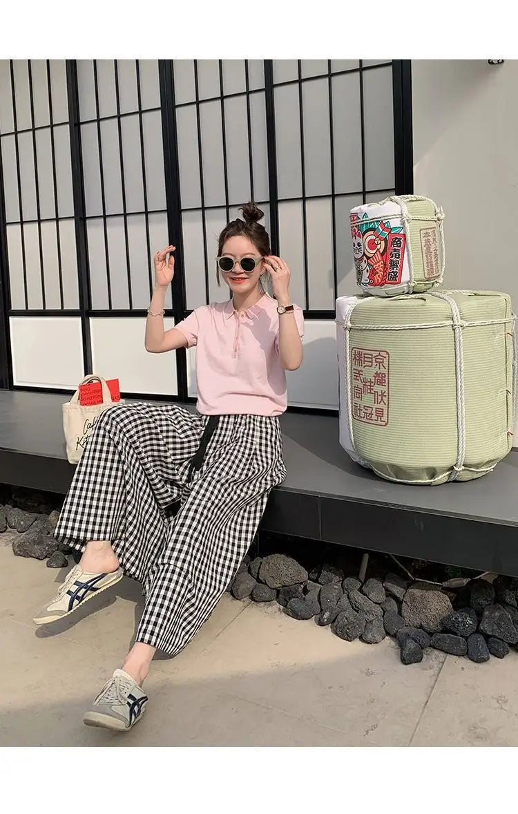 Plaid Wide Leg Pants Women Baggy Korean Style Panelled Temper Trousers Streetwear Pantalones Clothes Summer A-line Teens College