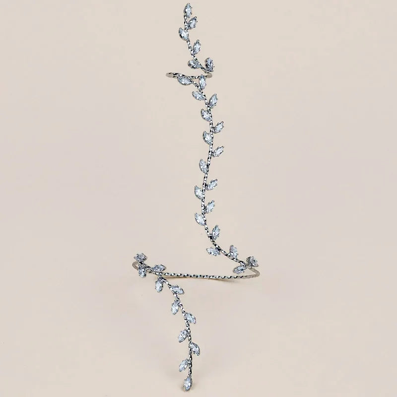 Boho Leaf Cubic Zirconia Hand Palm Bracelet – Bridal Wedding Bangle