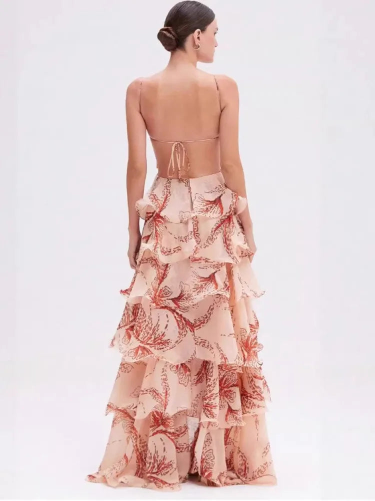 Floral Ruffle Maxi Dress | Strapless Layered Butterfly Boho