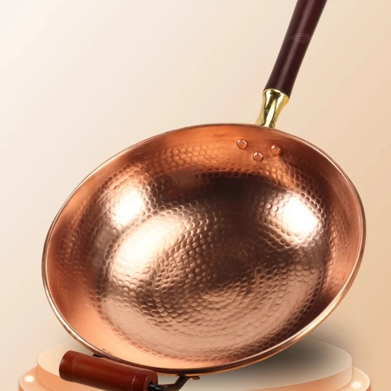 Hand-Forged Pure Copper Wok | Uncoated Traditional Wok with Beechwood Handle