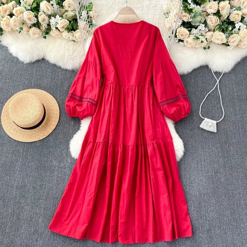 Embroidered Lantern Sleeve Boho Midi Dress | Lace-Up A-Line
