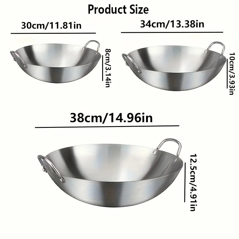 Stainless Steel Dual Handle Wok | Uncoated Thick Chef's Pan with Lid
