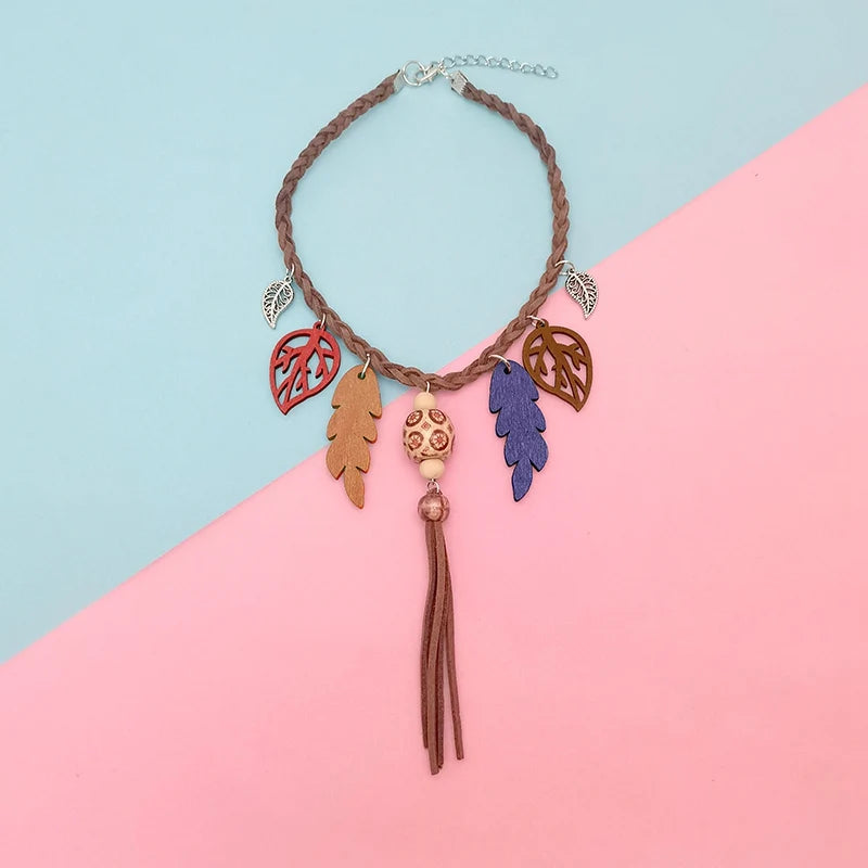 Boho Tassel & Leaf Pendant Choker Necklace – Ethnic Vintage Short Necklace