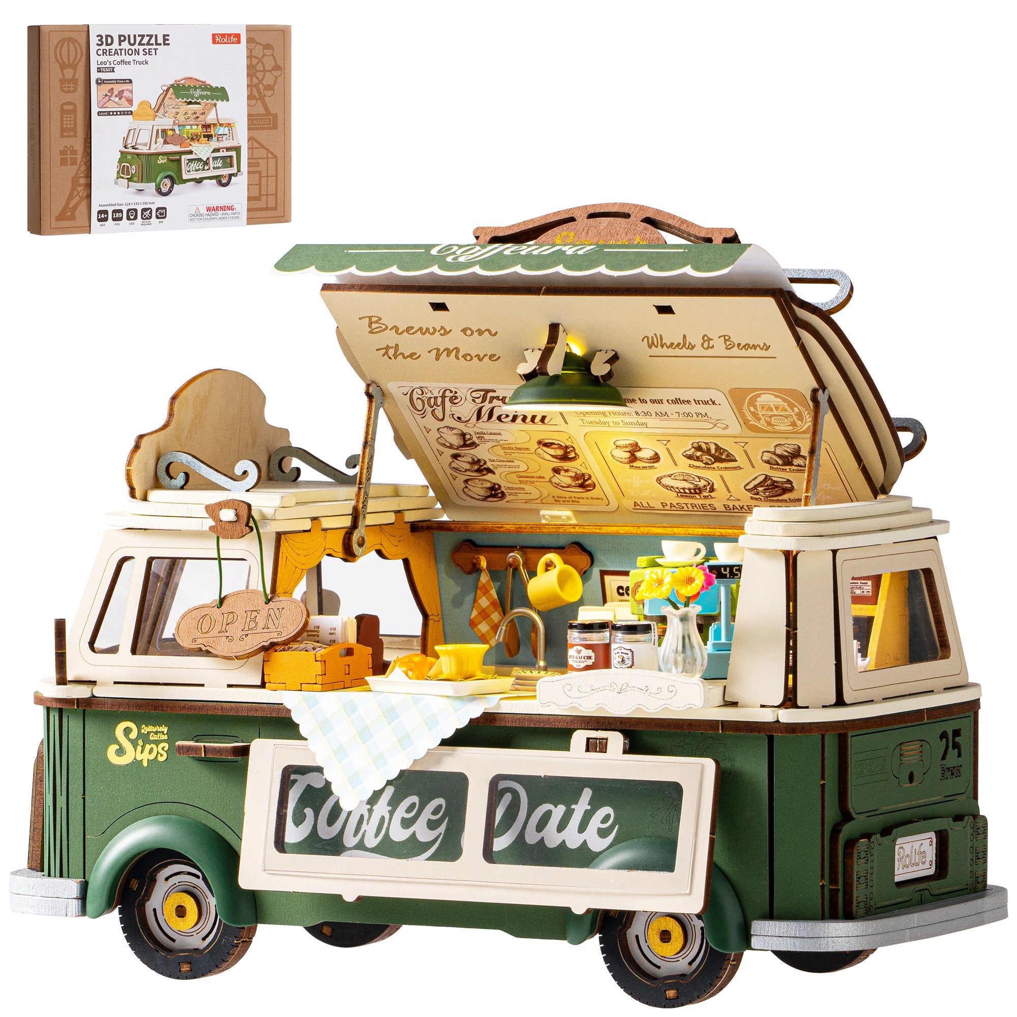 Rolife Wooden 3D Puzzle Leo's Coffee Truck Model Building Kit DIY Minature Dollhouse Toys for Home Decor Gift for Adults Kids