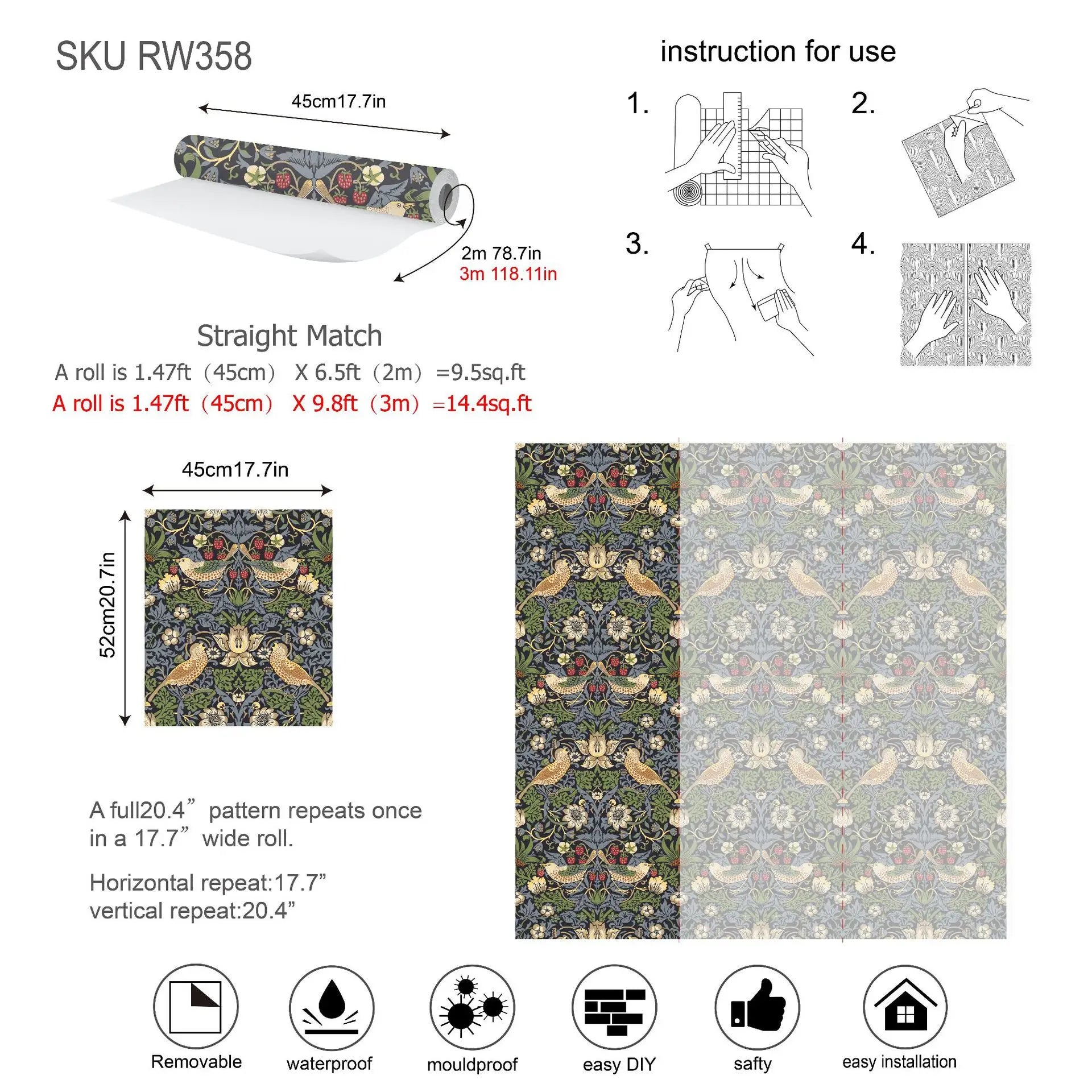 Peel and Stick Wallpaper Floral Birds Contact Paper Removable Boho Home Decor Flower Wallpaper for Walls Cabinet Vinyl Roll