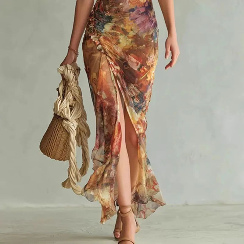Floral Ruched Split Maxi Dress | Square Neck Puff Sleeve Boho