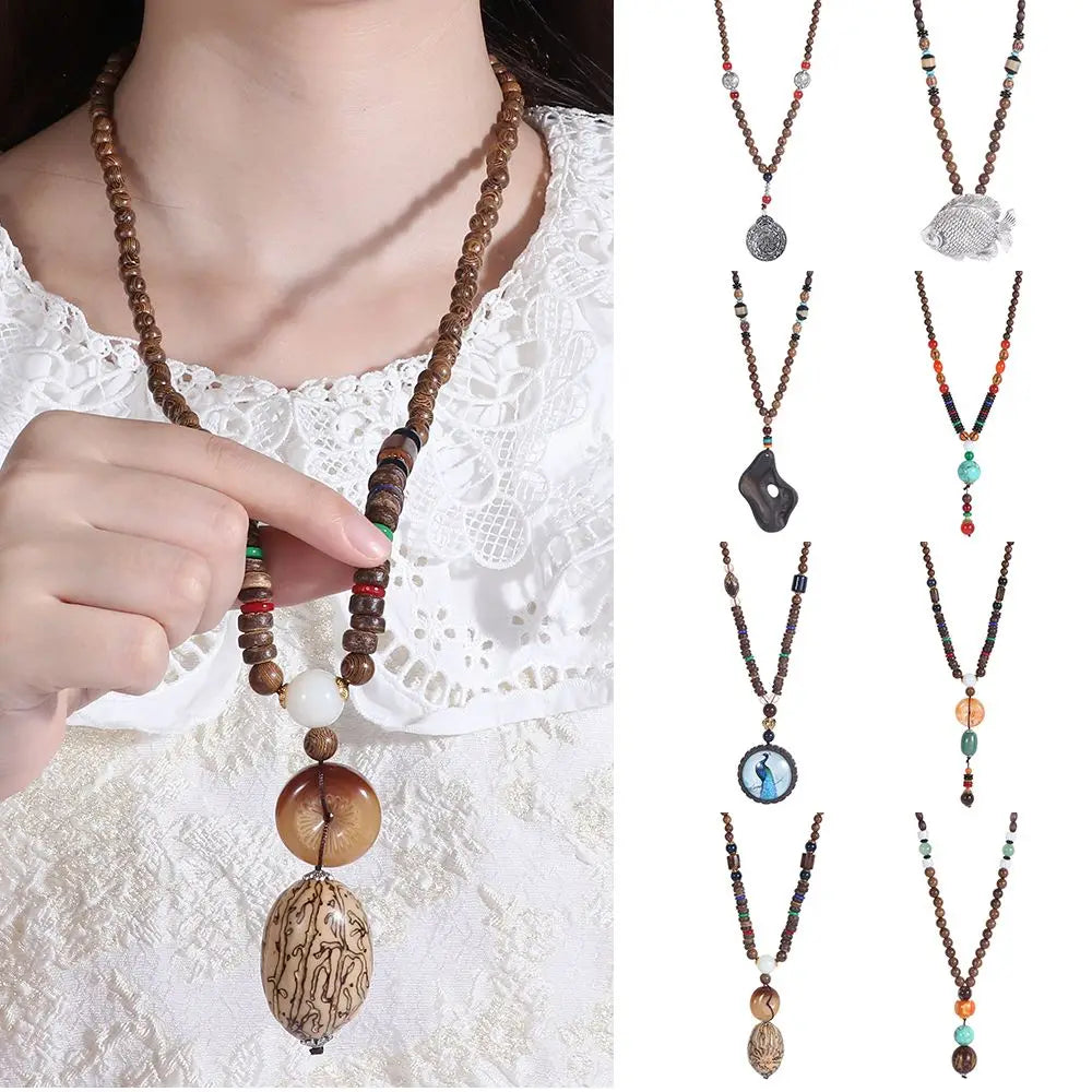 Boho Handmade Nepal Buddhist Mala Wood Bead Long Pendant Necklace – Unisex Ethnic Jewelry