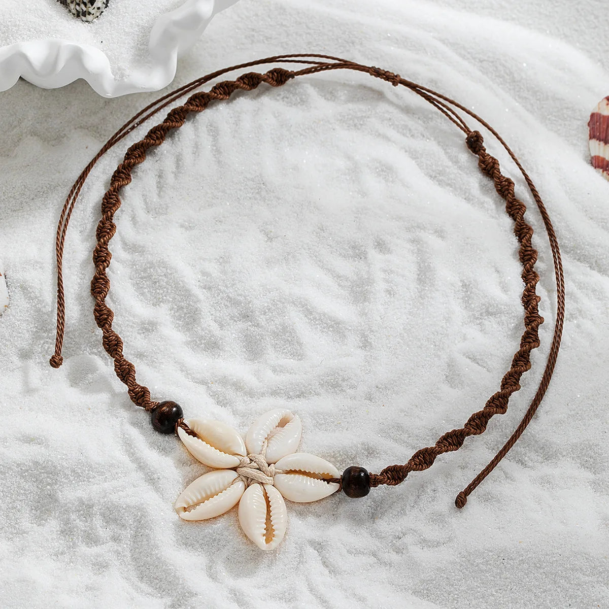Boho Woven Shell Flower Pendant Necklace – Adjustable Beach Rope Chain