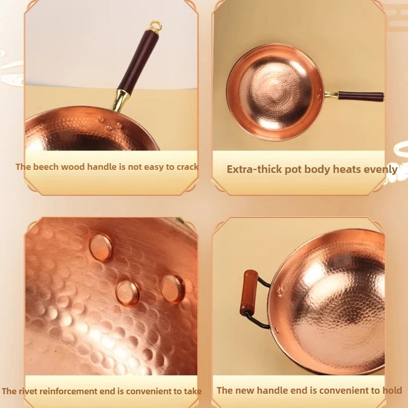 Hand-Forged Pure Copper Wok | Uncoated Traditional Wok with Beechwood Handle
