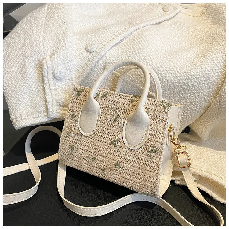 Boho Floral Embroidery Woven Handbag | Convertible Top Handle & Crossbody Bag