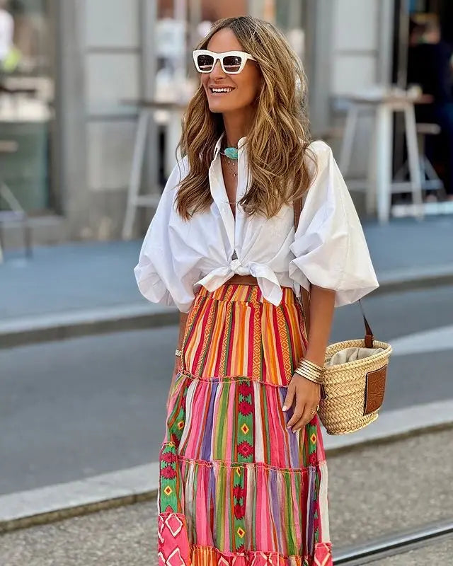 Boho Print A-Line Maxi Skirt | Elastic Waist Ruffle Hem Beach Skirt