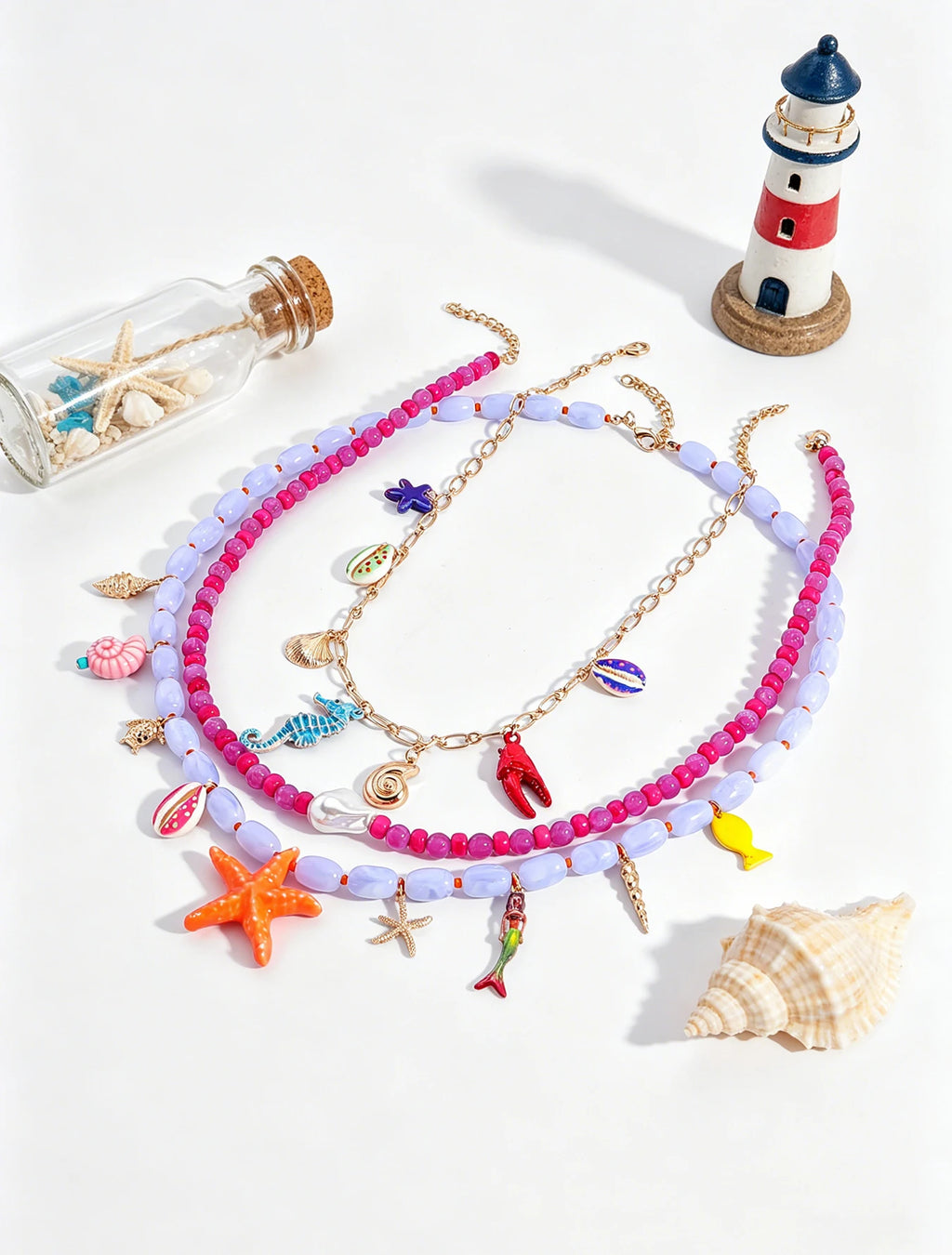 Boho Multilayer Ocean Charm Beaded Statement Necklace – Colorful Sea Animal Design