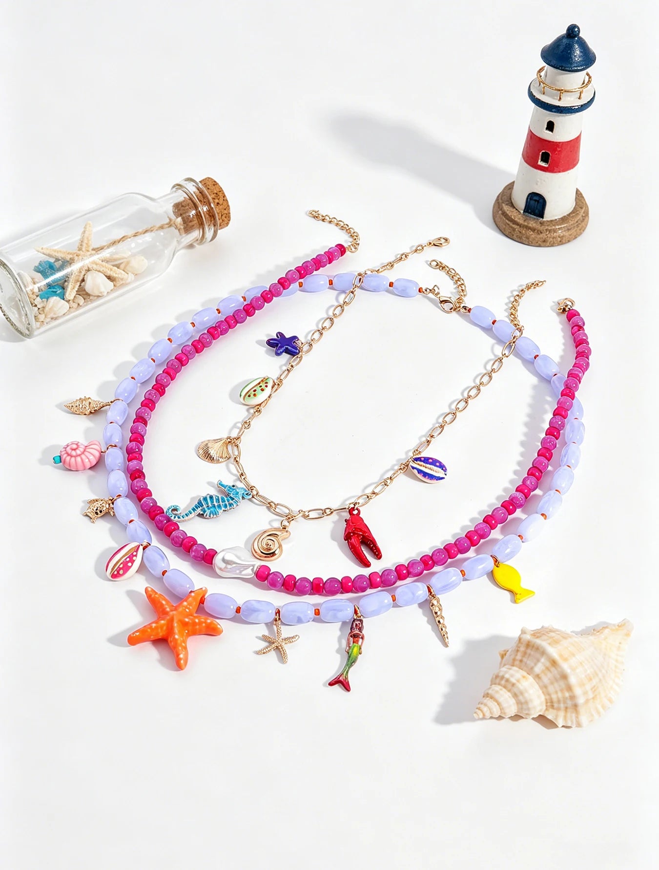 Boho Multilayer Ocean Charm Beaded Statement Necklace – Colorful Sea Animal Design