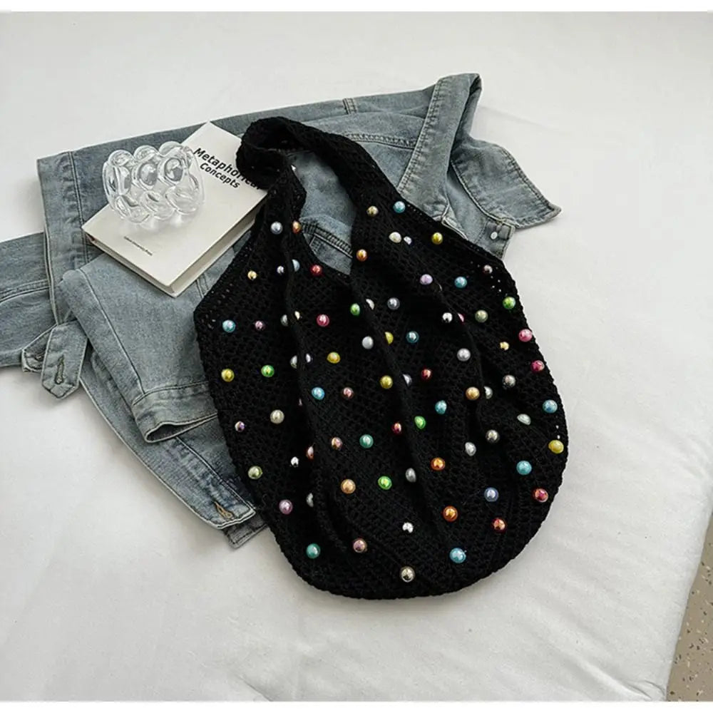 Boho Crochet Beach Tote Bag | Large Hollow Knit Bag with Colored Bead Detail