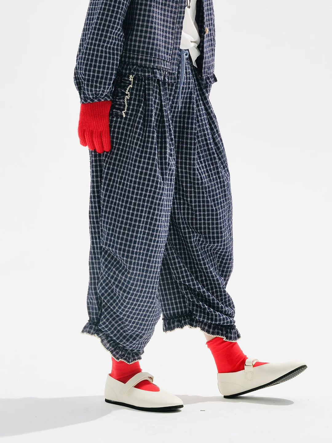 Women's Blue Plaid Wide Leg Pants – Casual Elastic Waist Trousers