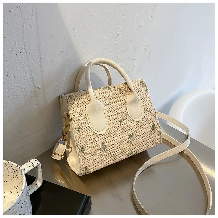 Boho Floral Embroidery Woven Handbag | Convertible Top Handle & Crossbody Bag