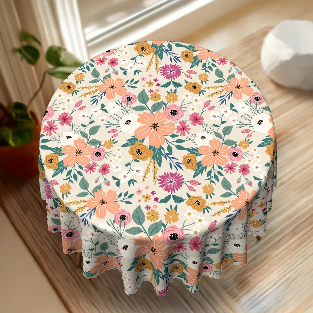 Boho Floral Round Tablecloth | Colorful Flower & Leaf Print