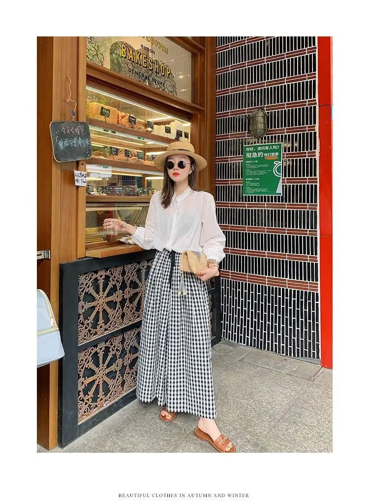 Plaid Wide Leg Pants Women Baggy Korean Style Panelled Temper Trousers Streetwear Pantalones Clothes Summer A-line Teens College