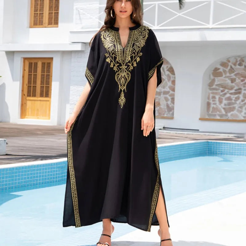 Boho Embroidered Batwing Sleeve Beach Cover-Up Dress – Loose A-Line V-Neck Summer Dress