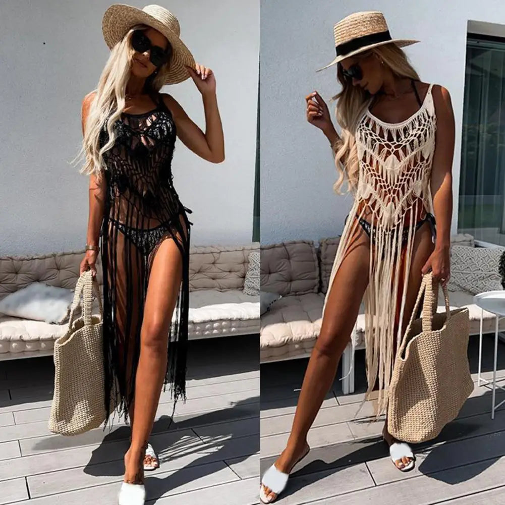 Boho Crochet Tassel Sling Dress – Sexy Hollow Fringe Beach Cover Up