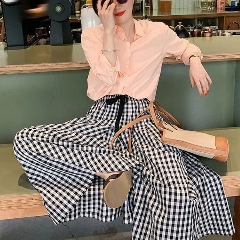 Plaid Wide Leg Pants Women Baggy Korean Style Panelled Temper Trousers Streetwear Pantalones Clothes Summer A-line Teens College