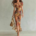 Floral Ruched Split Maxi Dress | Square Neck Puff Sleeve Boho