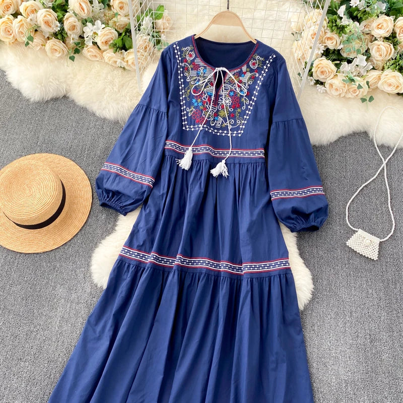 Embroidered Lantern Sleeve Boho Midi Dress | Lace-Up A-Line