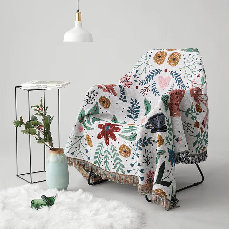 Boho Deer & Floral Jacquard Woven Throw Blanket with Tassels