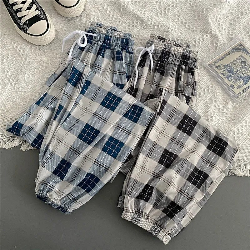 Pants Women New Bunch of Feet Fashion Loose Black Plaid Summer Harajuku Students Streetwear Harem Long Trousers Womens Chic