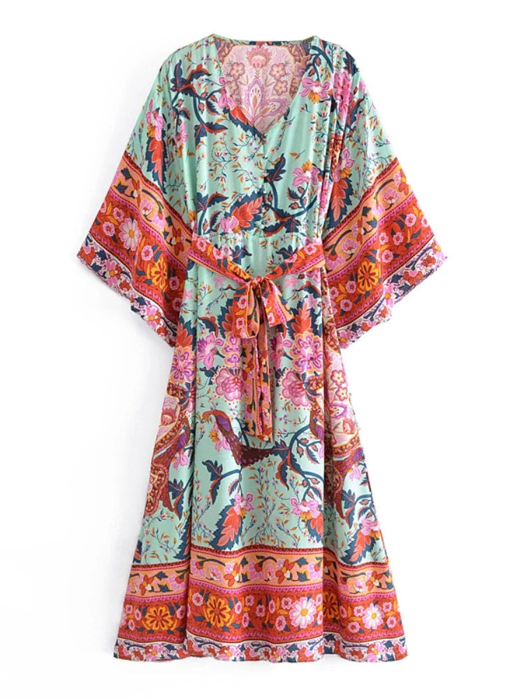 Boho Floral Print Maxi Dress with Batwing Sleeves