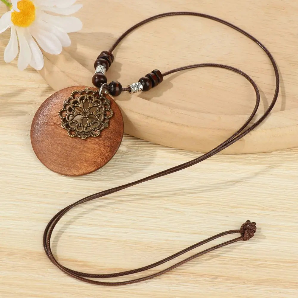 Boho Handmade Nepal Buddhist Mala Wood Bead Long Pendant Necklace – Unisex Ethnic Jewelry