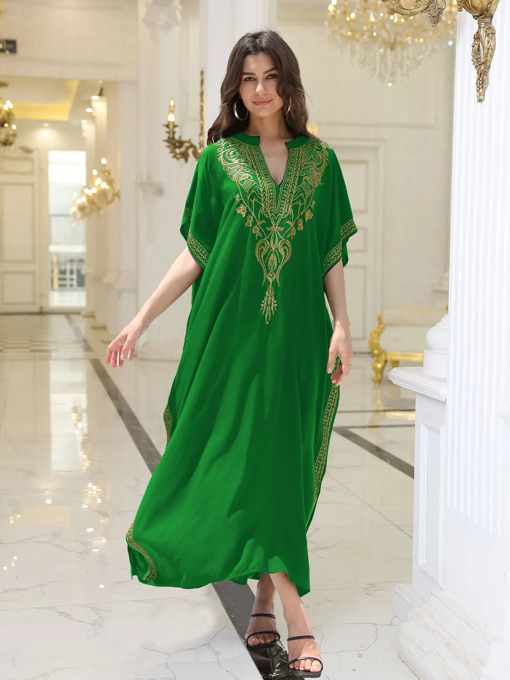 Boho Embroidered Batwing Sleeve Beach Cover-Up Dress – Loose A-Line V-Neck Summer Dress