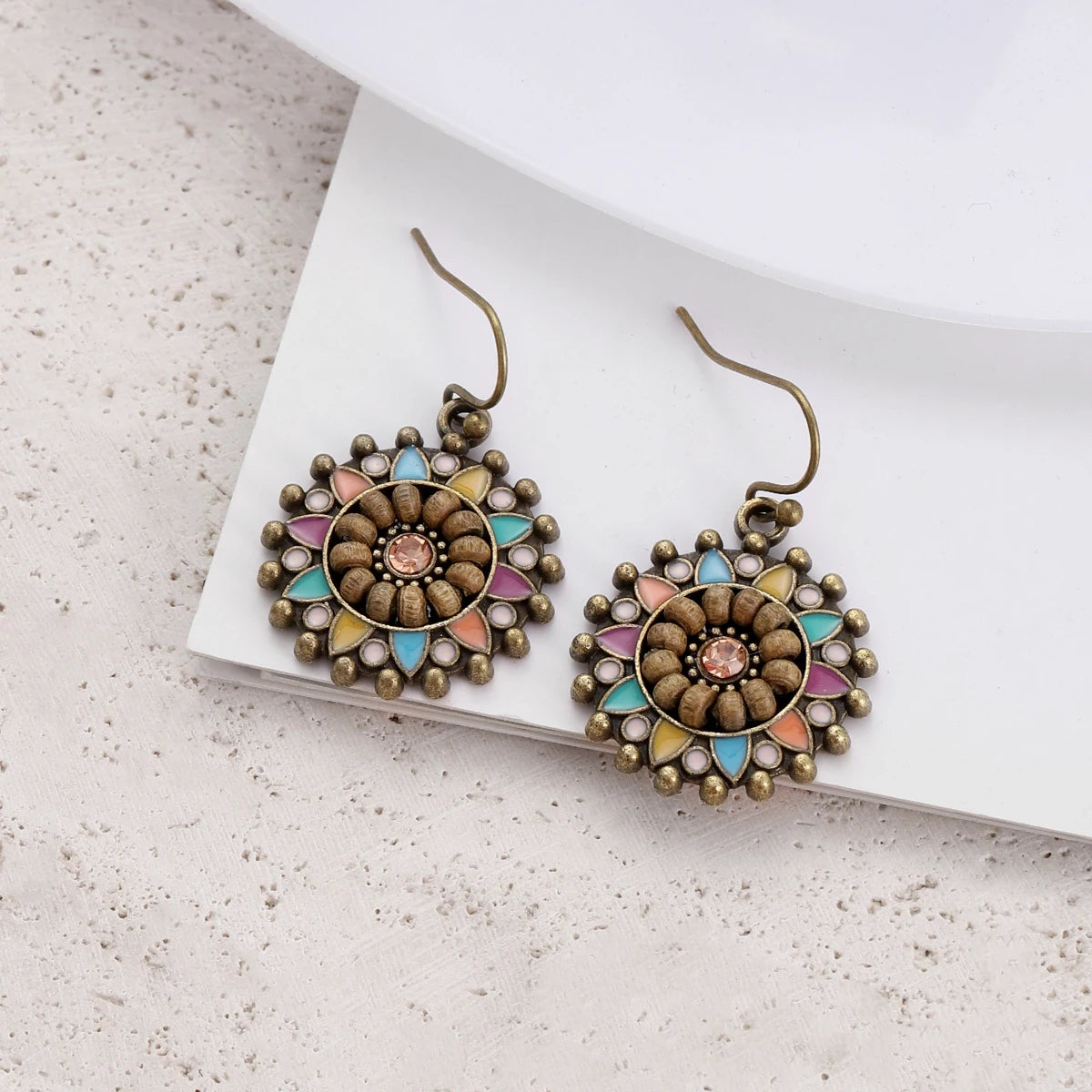 Boho Vintage Flower & Wood Beaded Drop Earrings