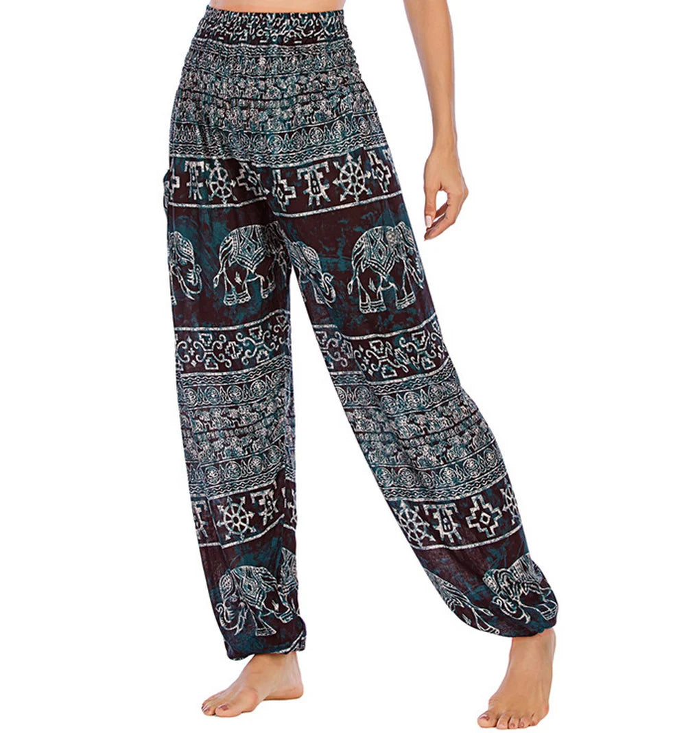 Boho Wide Leg Harem Pants – High Waist Smocked Waist Yoga Bottoms