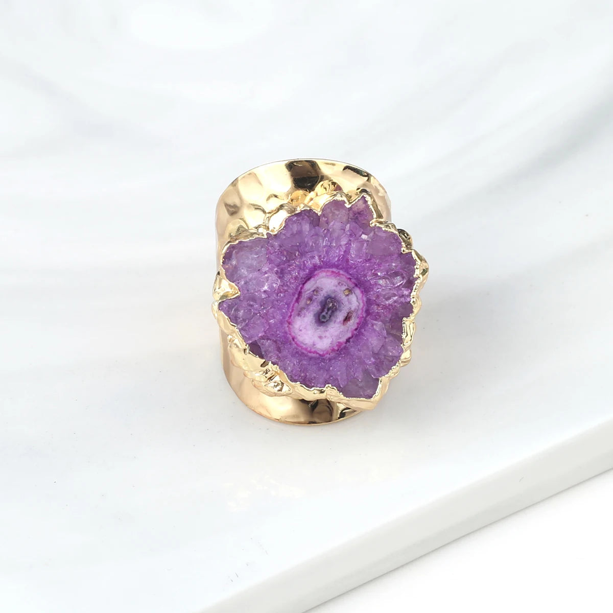 Boho Natural Agate Stone Sunflower Wide Open Ring – Gold Plated Adjustable in 6 Colors