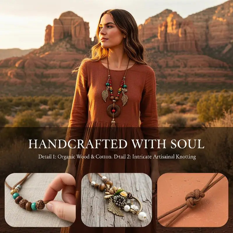 Boho Wooden Beaded Long Pendant Sweater Chain Necklace – Handmade Ethnic Style