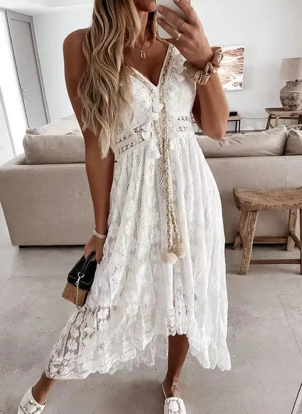 Boho Lace Embroidery Maxi Dress | Long Sleeve Beach Tunic