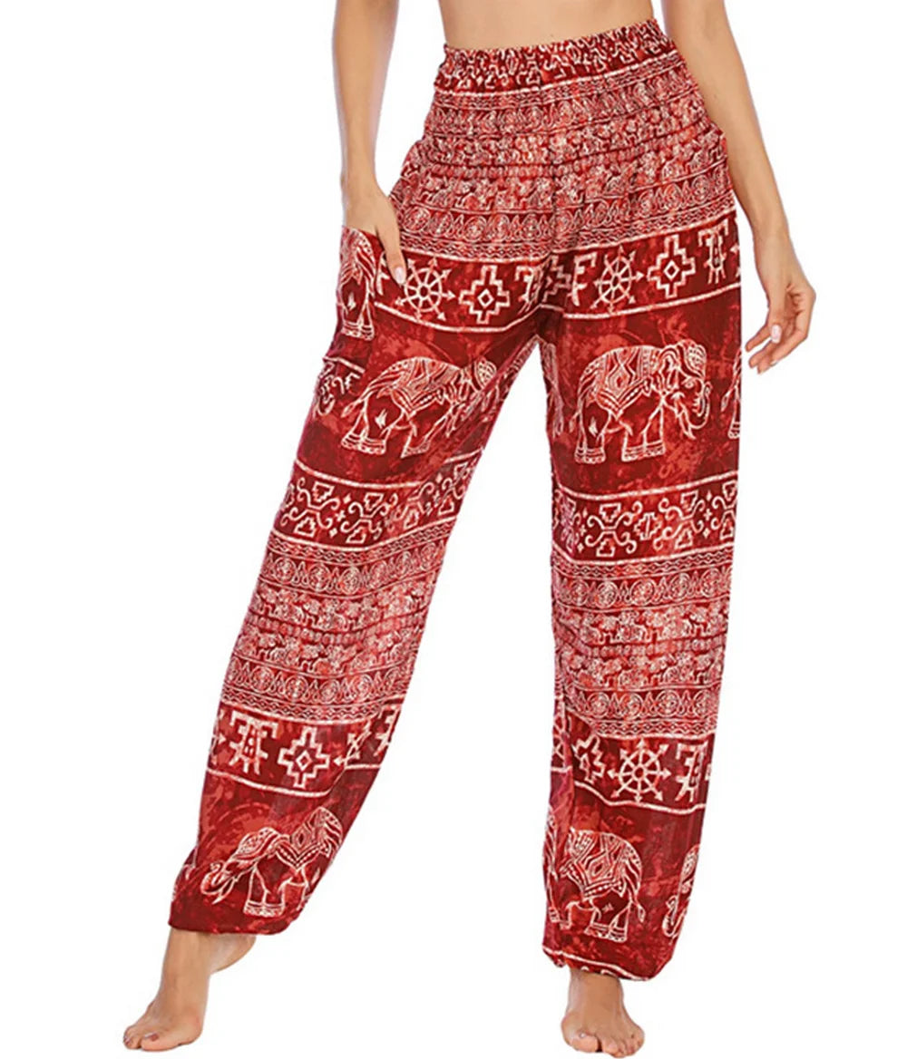 Boho Wide Leg Harem Pants – High Waist Smocked Waist Yoga Bottoms