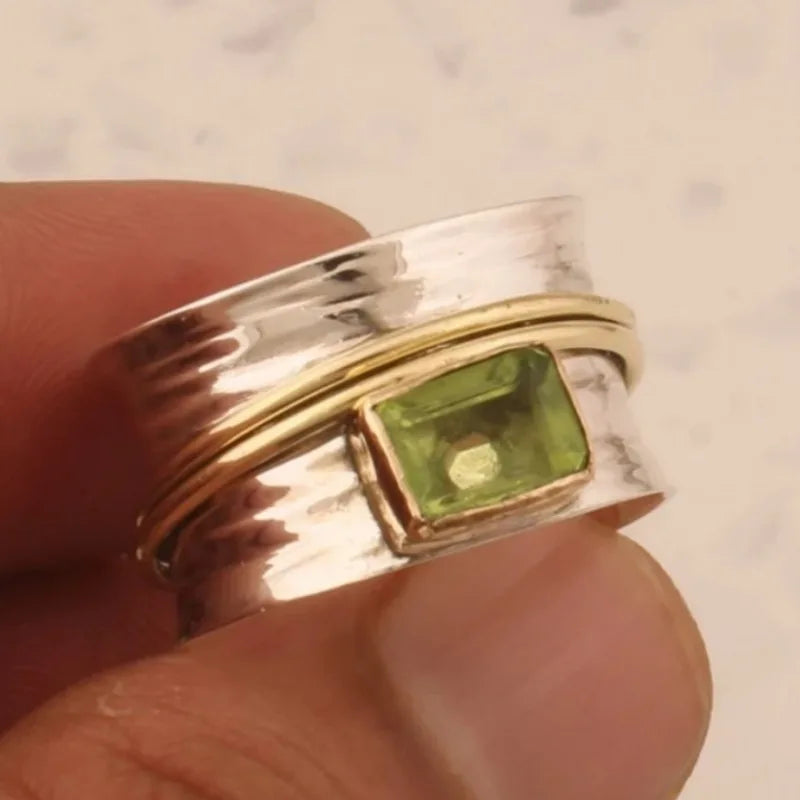 Boho Two-Tone Rectangular Green Cubic Zirconia Ring – Luxury Elegant Statement Ring