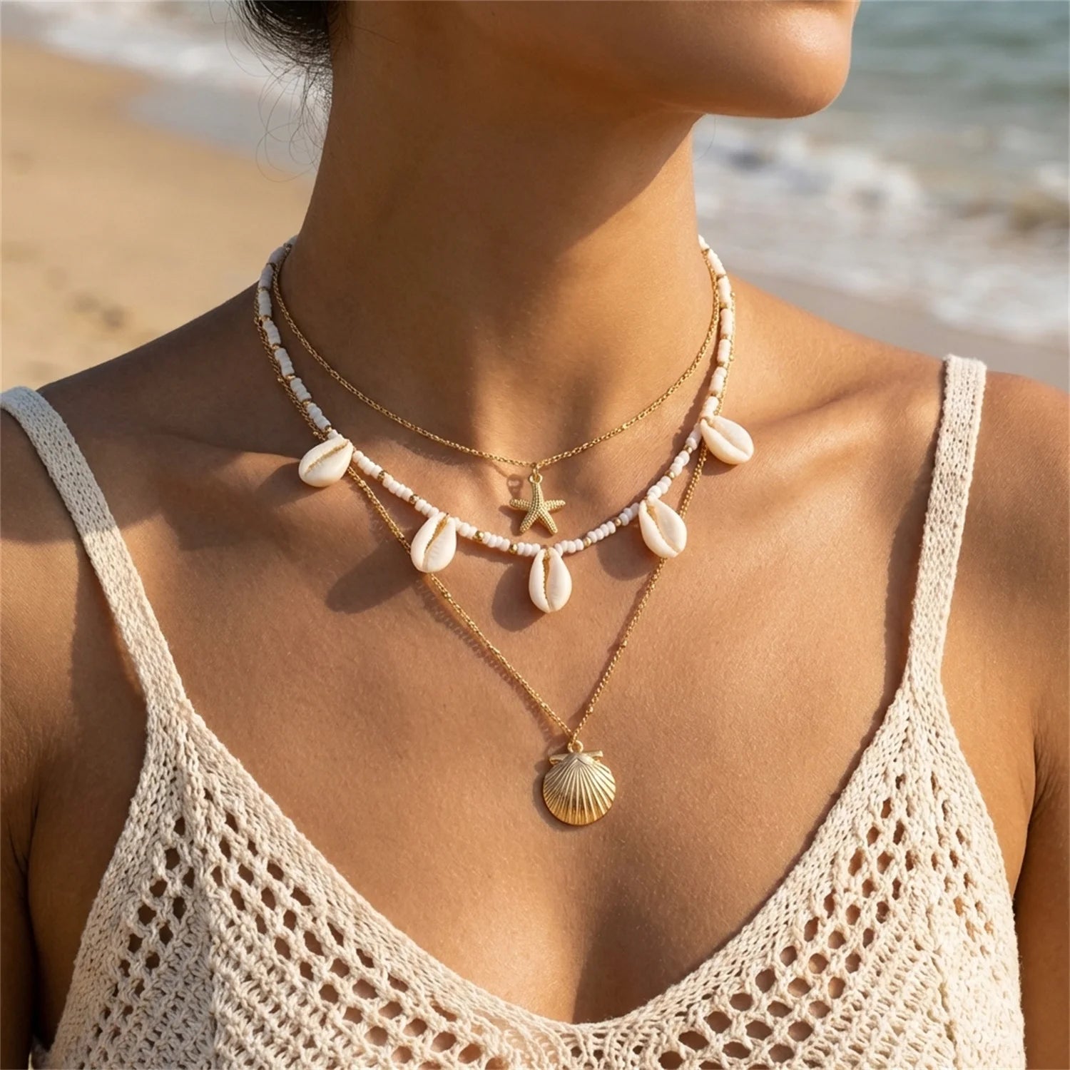 Boho Beach Y-Drop Chain Necklace – Sea Turtle, Dolphin, Starfish & Shell Pendants