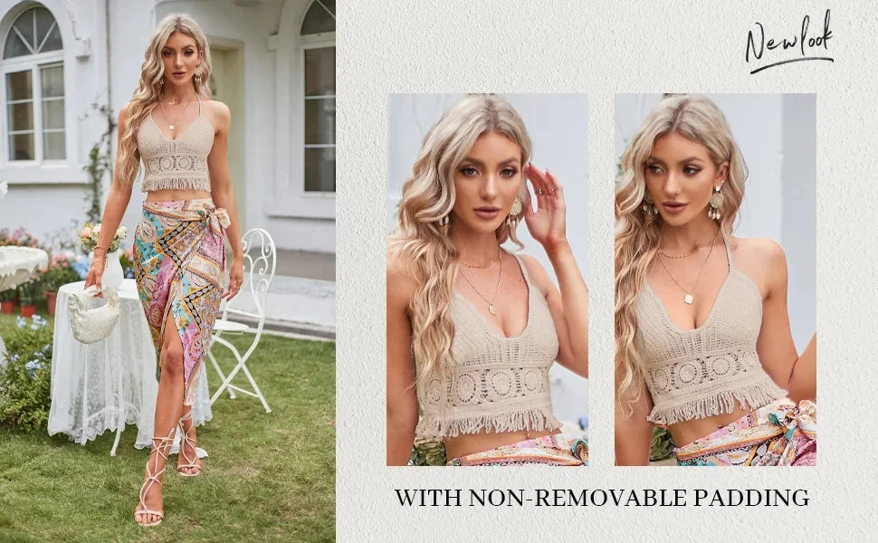 Boho Crochet Halter Bralette Top | Knit Crop Top with Tassel Fringe