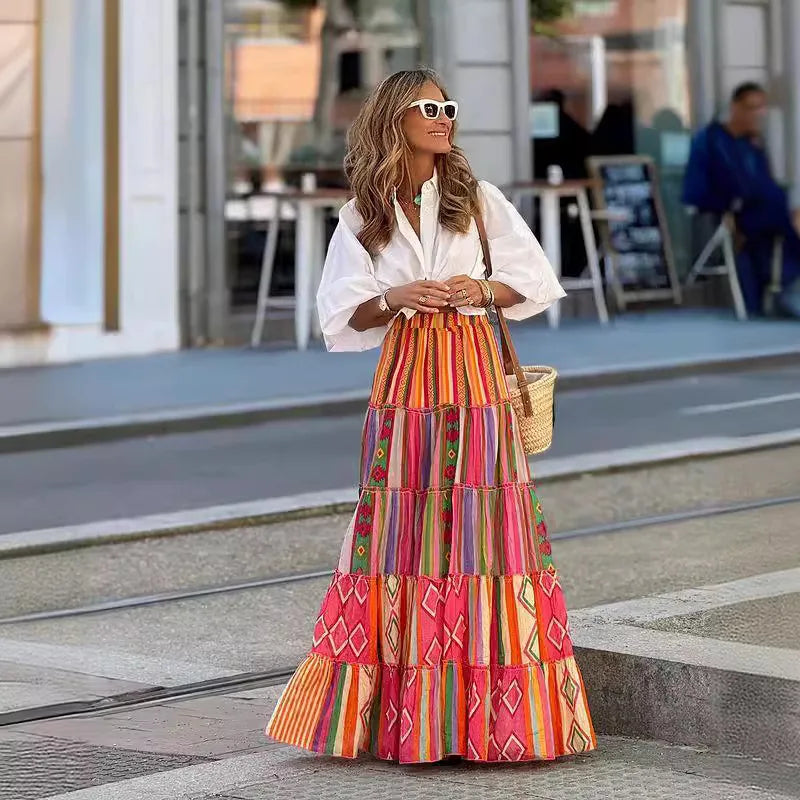 Boho Print A-Line Maxi Skirt | Elastic Waist Ruffle Hem Beach Skirt