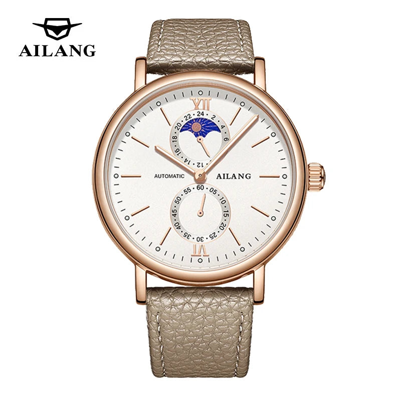 AILANG New Simple Quartz Watch for Men High Quality Leather Strap Waterproof Luminous Moon Phase Mens Watches Top Brand Luxury