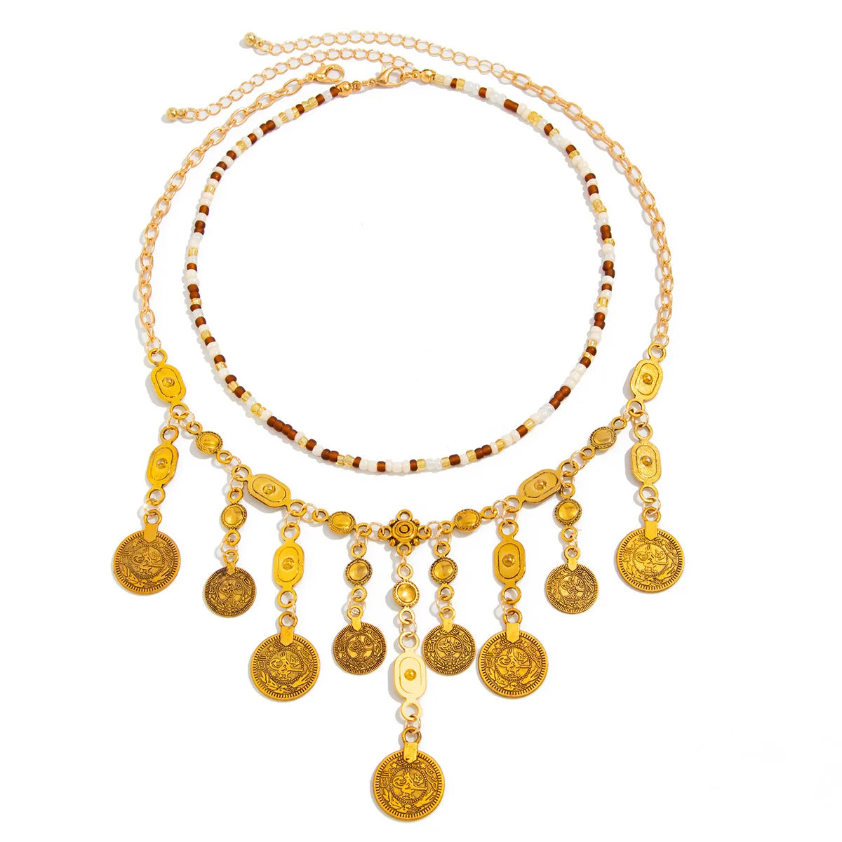 Boho Coin Pendant Necklace | Gold Rice Bead Chain with Antique Coin Dangles