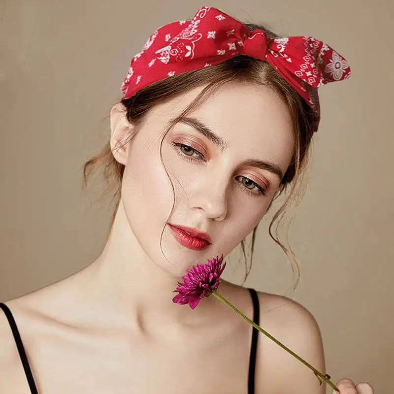 Boho Bow Print Wide Headband – Vintage Silk Cross-Knot Hair Hoop
