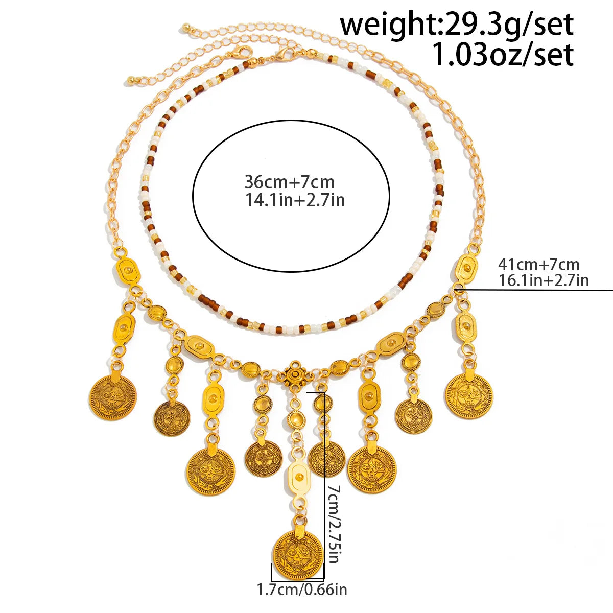 Boho Coin Pendant Necklace | Gold Rice Bead Chain with Antique Coin Dangles