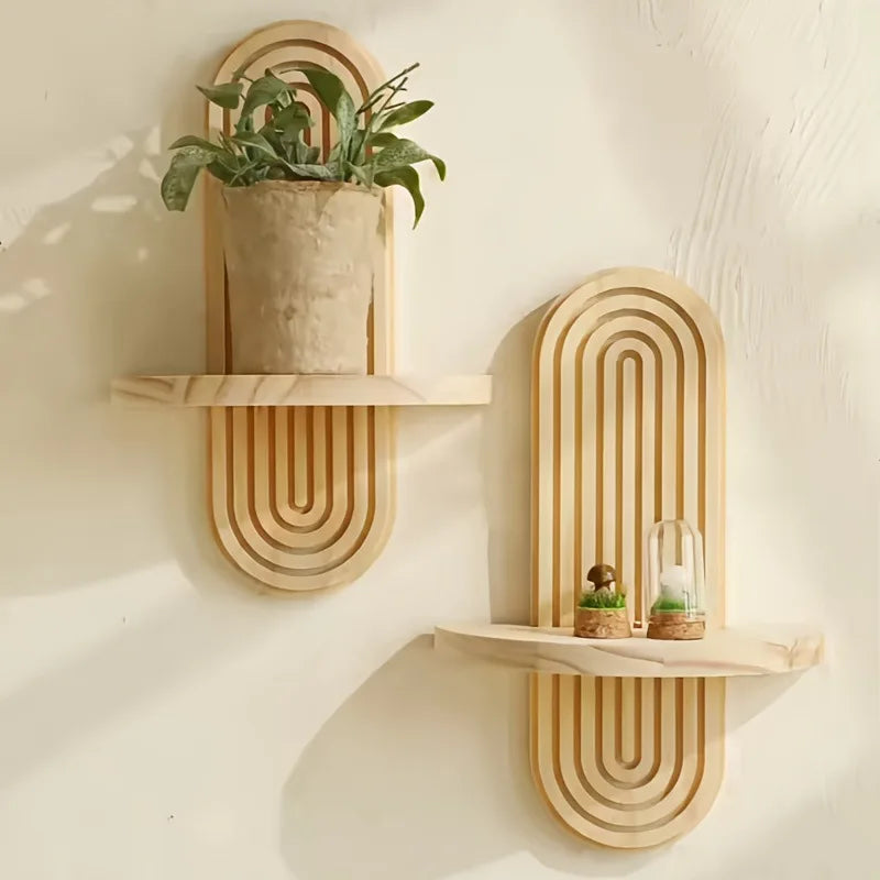 Boho Wooden Floating Wall Shelf – Decorative Wall-Mounted Shelf for Any Room